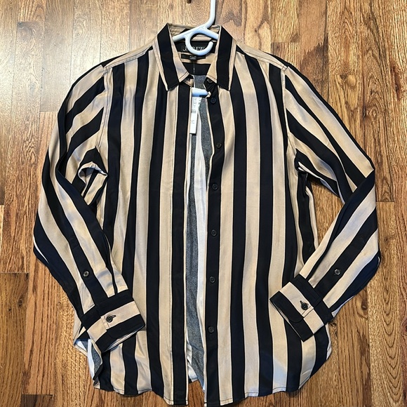 J. Crew | Classic Fit Cupro Blend Shirt In Stripe Black and Tan Size 0 NWT - Picture 2 of 4